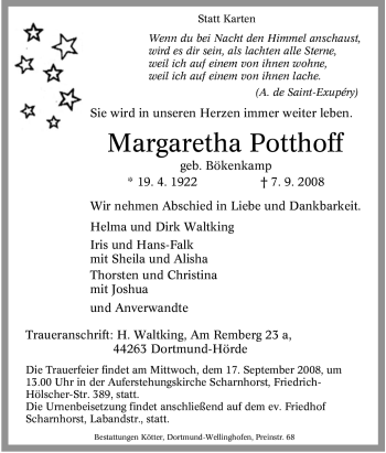 Traueranzeige von Margaretha Potthoff von Tageszeitung