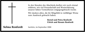 Traueranzeige von Selma Renfordt von Tageszeitung