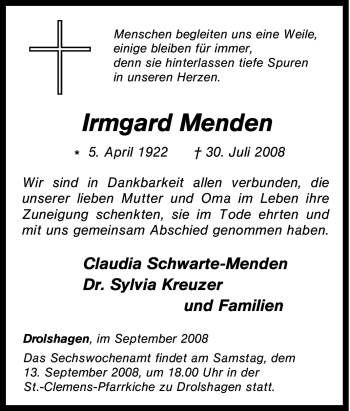 Traueranzeige von Irmgard Menden von Tageszeitung