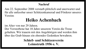 Traueranzeige von Heiko Achenbach von Tageszeitung