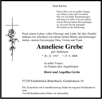 Traueranzeige von Anneliese Grebe von Tageszeitung