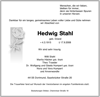 Traueranzeige von Hedwig Stahl von Tageszeitung
