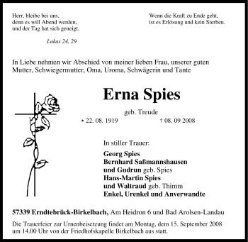 Traueranzeige von Erna Spies von Tageszeitung