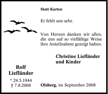 Traueranzeige von Rolf Liefländer von Tageszeitung