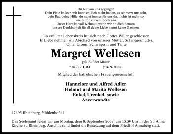 Traueranzeige von Margret Wellesen von Tageszeitung