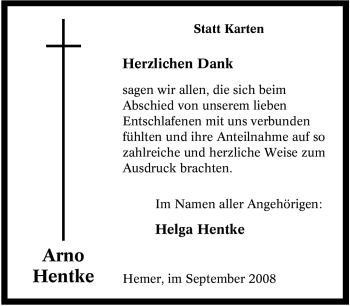 Traueranzeige von Arno Hentke von Tageszeitung