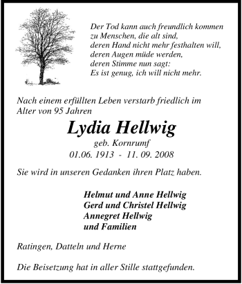 Traueranzeige von Lydia Hellwig von Tageszeitung