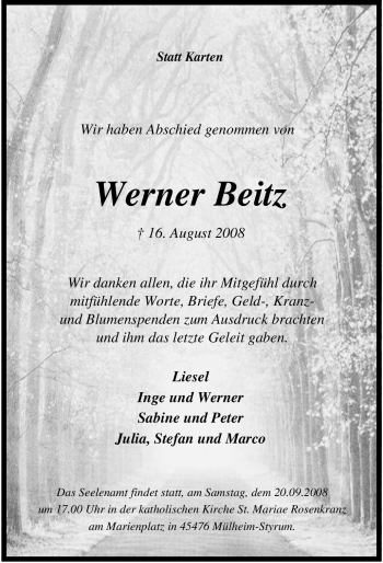 Traueranzeige von Werner Beitz von Tageszeitung