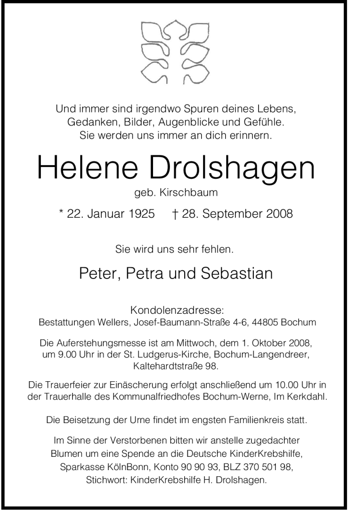  Traueranzeige für Helene Drolshagen vom 30.09.2008 aus Tageszeitung