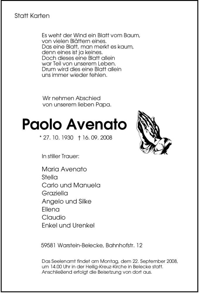  Traueranzeige für Paolo Avenato vom 18.09.2008 aus Tageszeitung