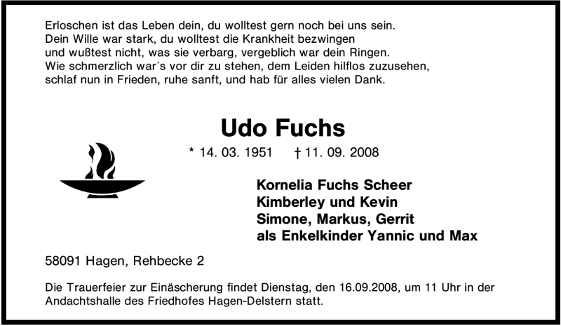  Traueranzeige für Udo Fuchs vom 13.09.2008 aus Tageszeitung