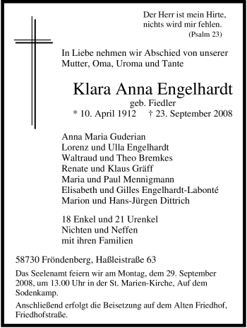Traueranzeige von Klara Anna Engelhardt von Tageszeitung