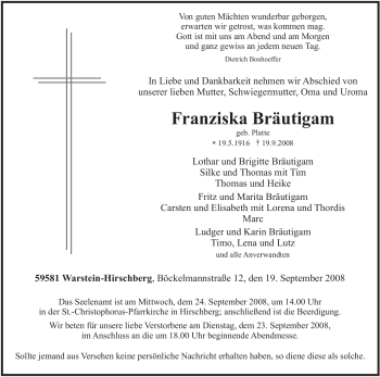 Traueranzeige von Franziska Bräutigam von Tageszeitung