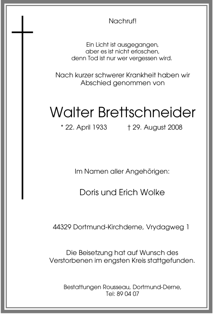 Traueranzeigen von Walter Brettschneider | Trauer-in-NRW.de