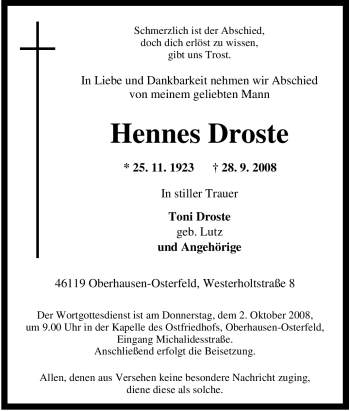 Traueranzeige von Hennes Droste von Tageszeitung