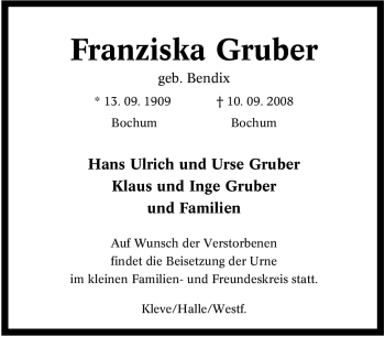 Traueranzeige von Franziska Gruber von Tageszeitung