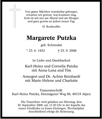 Traueranzeige von Margarete Putzka von Tageszeitung