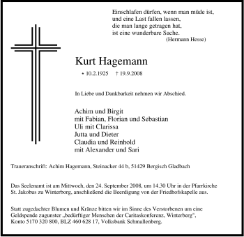 Traueranzeige von Kurt Hagemann von Tageszeitung