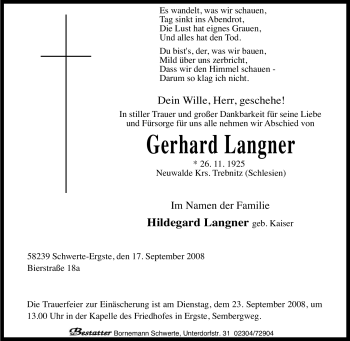 Traueranzeige von Gerhard Langner von Tageszeitung
