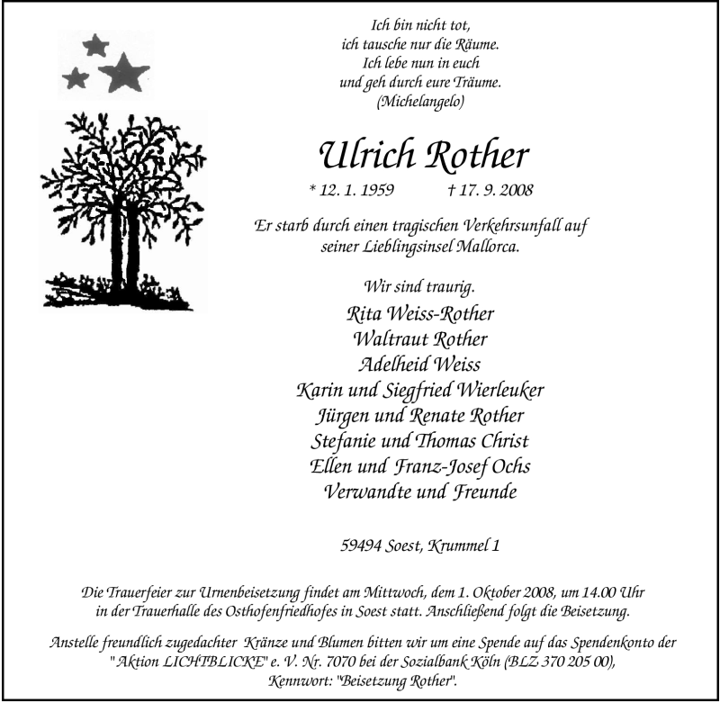  Traueranzeige für Ulrich Rother vom 27.09.2008 aus Tageszeitung