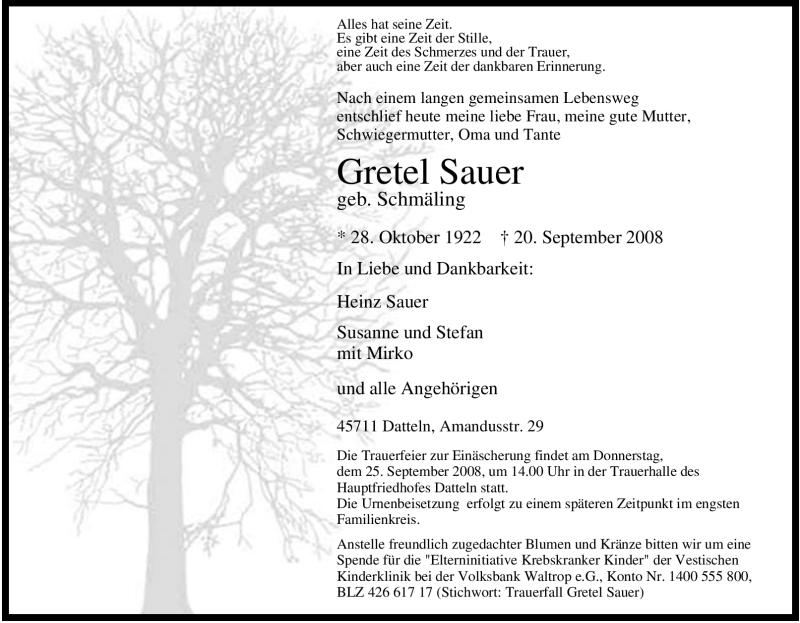  Traueranzeige für Gretel Sauer vom 22.09.2008 aus Tageszeitung