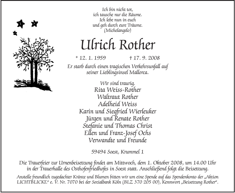  Traueranzeige für Ulrich Rother vom 27.09.2008 aus Tageszeitung