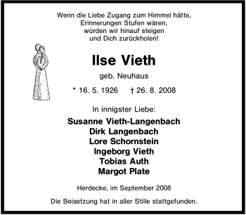 Traueranzeige von Ilse Vieth von Tageszeitung