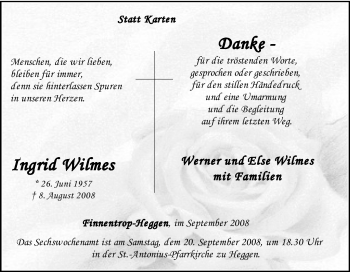 Traueranzeige von Ingrid Wilmes von Tageszeitung