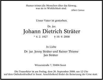 Traueranzeige von Johann Dietrich Sträter von Tageszeitung