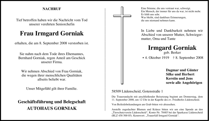 Traueranzeige für Irmgard Gorniak vom 09.09.2008 aus Tageszeitung