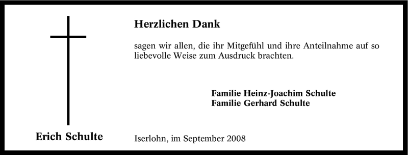  Traueranzeige für Erich Schulte vom 06.09.2008 aus Tageszeitung