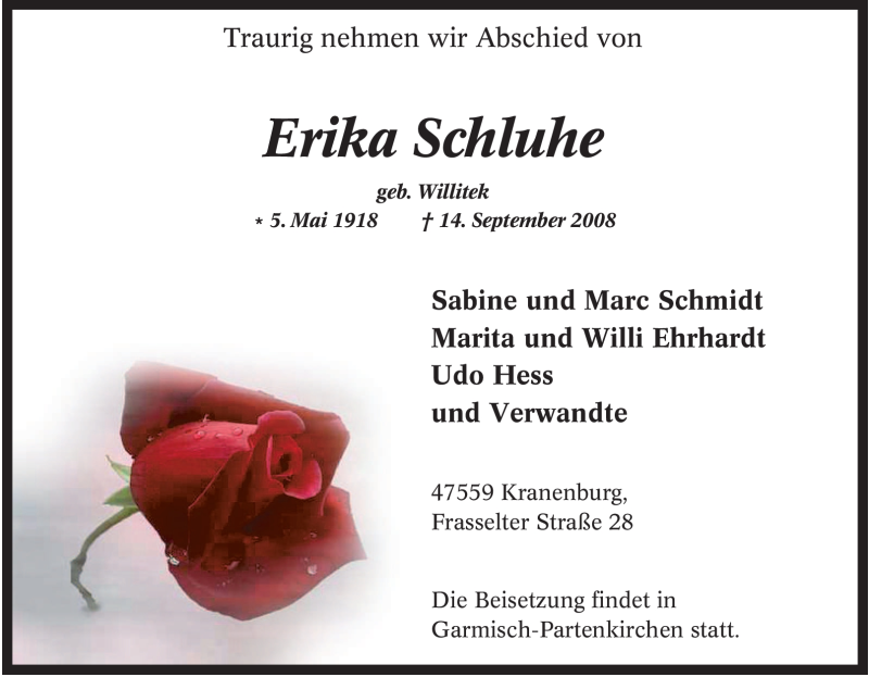  Traueranzeige für Erika Schluhe vom 20.09.2008 aus Tageszeitung