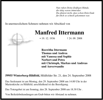 Traueranzeige von Manfred Ittermann von Tageszeitung