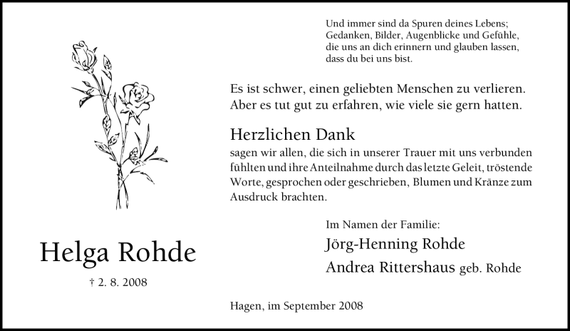  Traueranzeige für Helga Rohde vom 16.09.2008 aus Tageszeitung