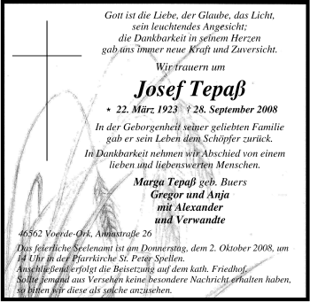 Traueranzeige von Josef Tepaß von Tageszeitung