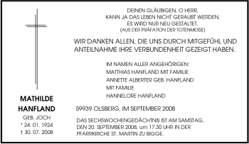 Traueranzeige von Mathilde Hanfland von Tageszeitung