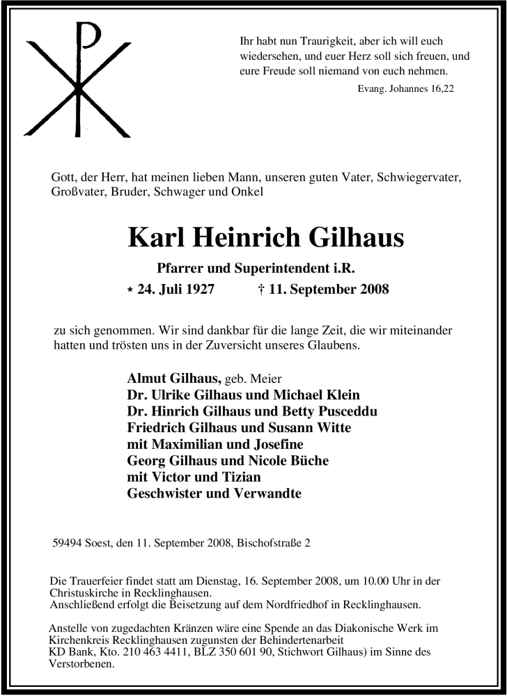  Traueranzeige für Karl Heinrich Gilhaus vom 13.09.2008 aus Tageszeitung