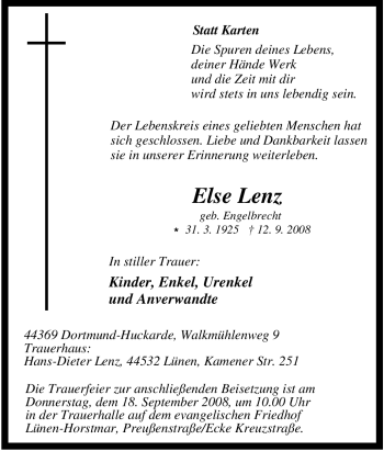 Traueranzeige von Else Lenz von Tageszeitung