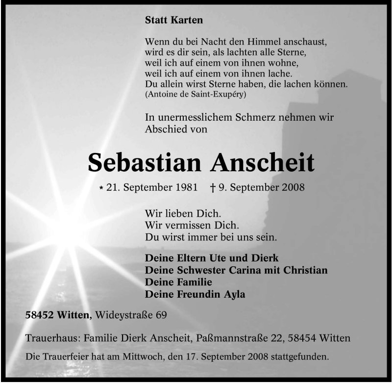  Traueranzeige für Sebastian Anscheit vom 18.09.2008 aus Tageszeitung