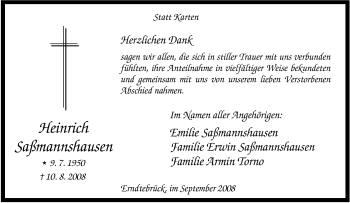 Traueranzeige von Heinrich Saßmannshausen von Tageszeitung