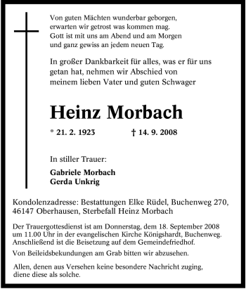 Traueranzeige von Heinz Morbach von Tageszeitung