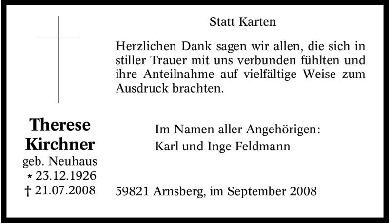  Traueranzeige für Therese Kirchner vom 23.09.2008 aus Tageszeitung
