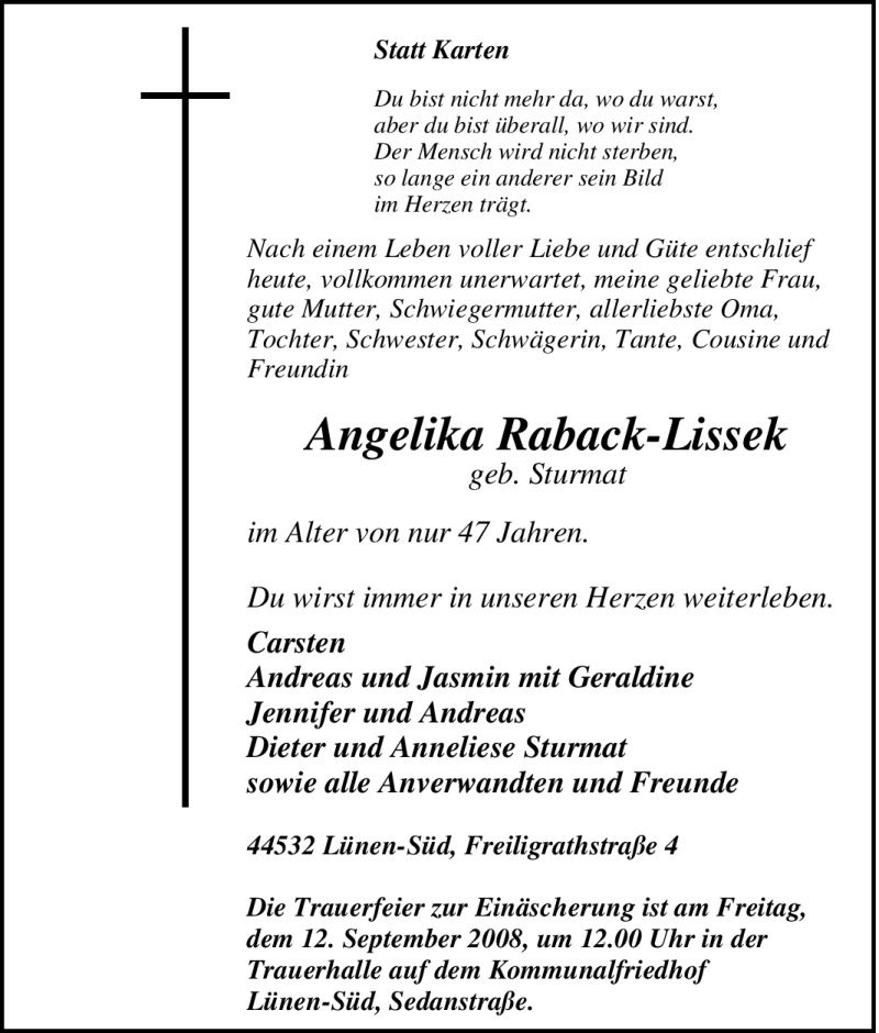  Traueranzeige für Angelika Raback-Lissek vom 09.09.2008 aus Tageszeitung