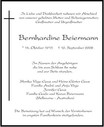 Traueranzeige von Bernhardine Beiermann von Tageszeitung