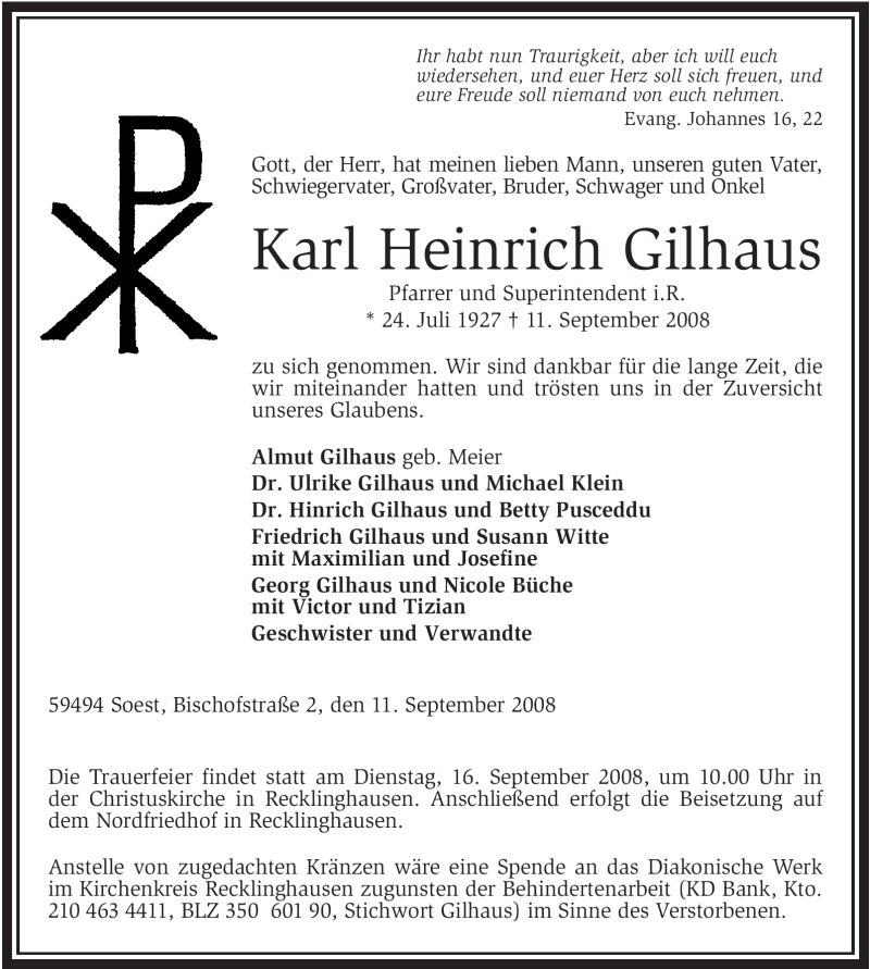  Traueranzeige für Karl Heinrich Gilhaus vom 13.09.2008 aus Tageszeitung