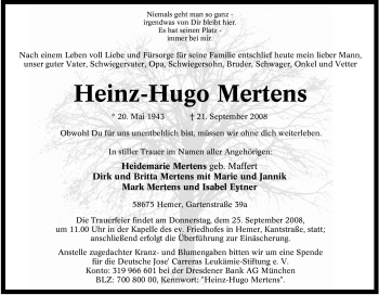 Traueranzeige von Heinz-Hugo Mertens von Tageszeitung