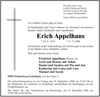 Traueranzeige von Erich Appelhans von Tageszeitung