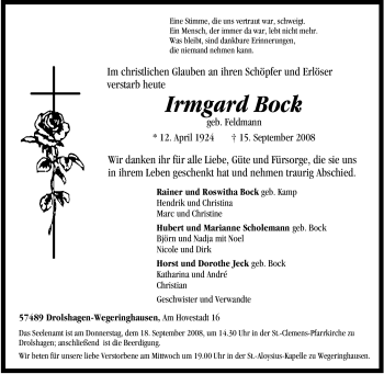 Traueranzeige von Irmgard Bock von Tageszeitung