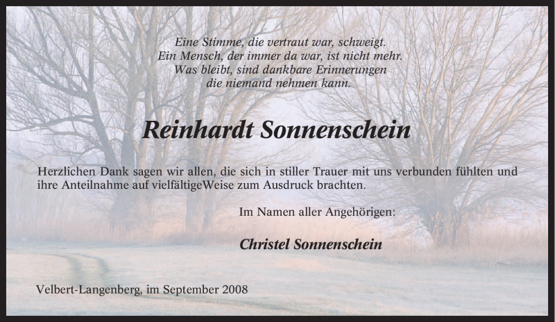  Traueranzeige für Reinhardt Sonnenschein vom 06.09.2008 aus Tageszeitung
