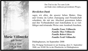 Traueranzeige von Maria Völlmecke von Tageszeitung